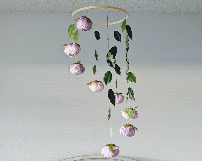 Purple Peony and Leaf Baby Mobile - Handmade and Customizable