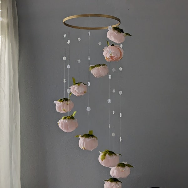 Blush Pink Baby Mobile - Floral Crib Decor - Ice Pink Peony Girl Room Hanging - Spiral Mobile with Light Pink and White Flowers -