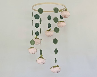 Pink Floral Baby Mobile with Leaves - Handmade Eucalyptus Nursery Decor - Floral Blush and Sage Crib Mobile - Spinning Mobile - Leaf Mobile