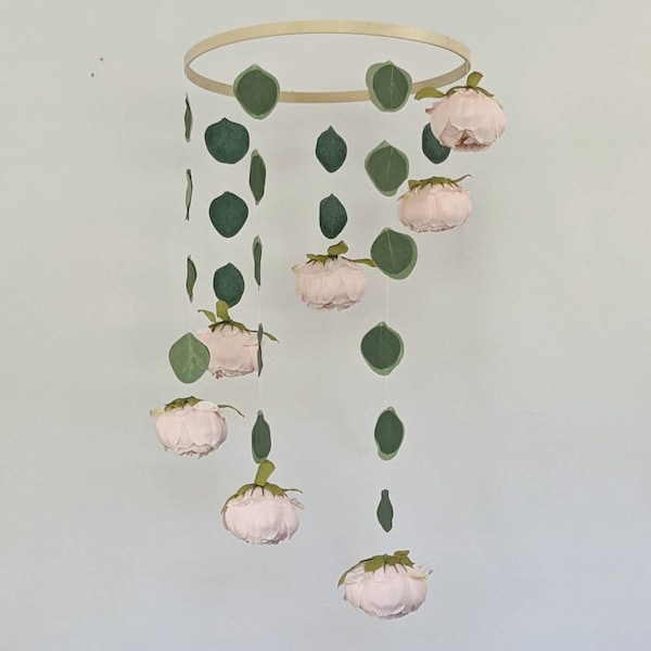 Pink Floral Baby Mobile with Leaves - Handmade Eucalyptus Nursery Decor - Floral Blush and Sage Crib Mobile - Spinning Mobile - Leaf Mobile