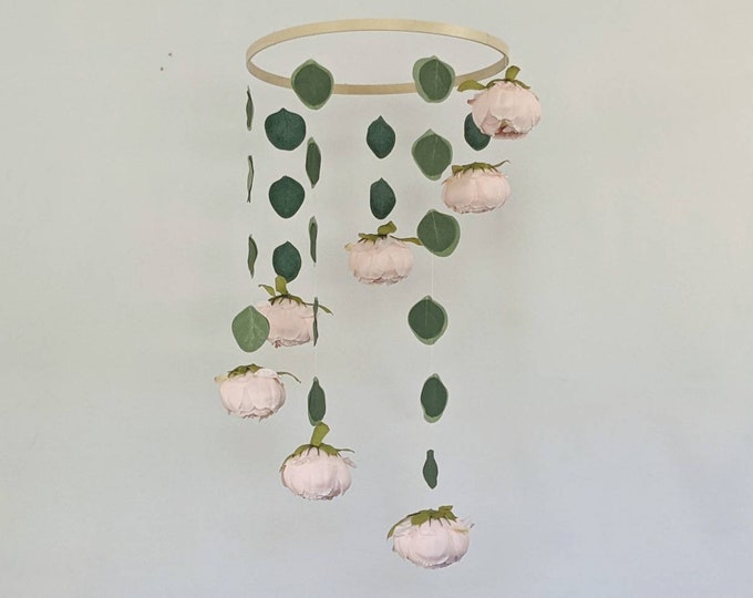 Pink Floral Baby Mobile with Leaves - Handmade Eucalyptus Nursery Decor - Floral Blush and Sage Crib Mobile - Spinning Mobile - Leaf Mobile