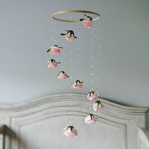 Rose Baby Girl Mobile Floral Nursery Mobile Flower Baby Mobile Rose Nursery Decor Crib Hoop Hanging Cot Mobile image 1
