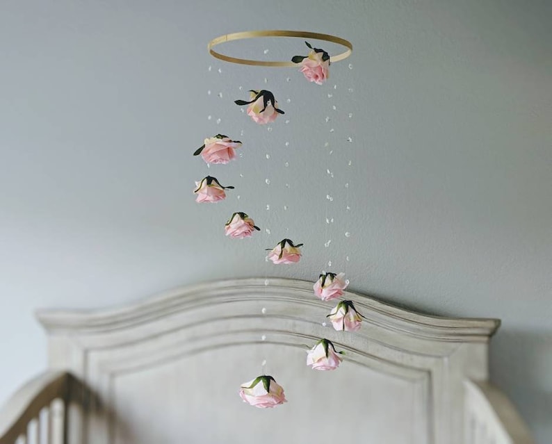 Rose Baby Girl Mobile Floral Nursery Mobile Flower Baby Mobile Rose Nursery Decor Crib Hoop Hanging Cot Mobile image 1