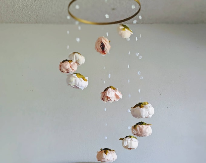 Peach and Cream Floral Girl Crib Mobile - Handmade Peony Baby Mobile - Pastel Flower Mobile - Spinning Modern Hoop Mobile with Baby's Breath