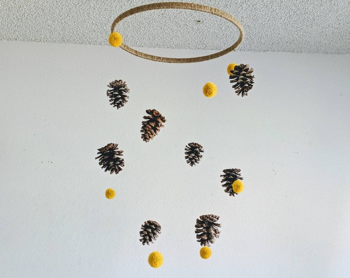 Woodland Pinecone and Mustard Ball Mobile - Mustard Yellow Nursery Decor - Gender Neutral Hanging Decoration - Natural Infant Crib Mobile