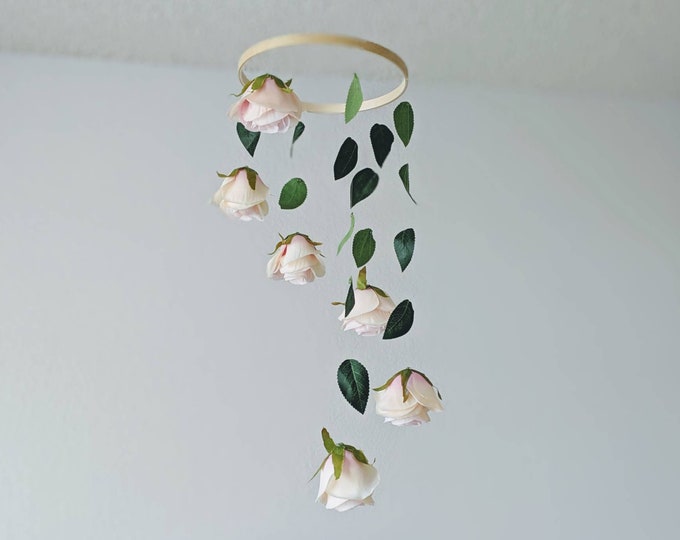 Pink Rose Baby Mobile - Floral and Leaf Crib Hanging - Pink Baby Girl Decor - Woodland Nursery - Blush Infant Decoration - Mobile Bebe