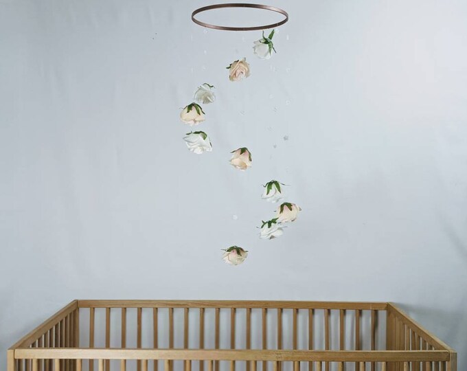 Pink and White Baby Girl Mobile - Floral Nursery Mobile - Flower Baby Mobile - Rose Nursery Decor - Crib Hoop Hanging -Decorative Cot Mobile
