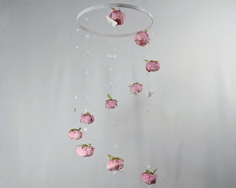 Baby Mobile of Large Pink Flowers and Butterflies - Girl Nursery Decor - Large Floral Crib Mobile for Vaulted Ceilings - Blush Peony Mobile