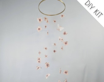 DIY Kit - Feather Butterfly Baby Girl Floral Mobile Kit - Do It Yourself Boho Baby Mobile - Spiral Baby Mobile - Pink Flower Crib Mobile