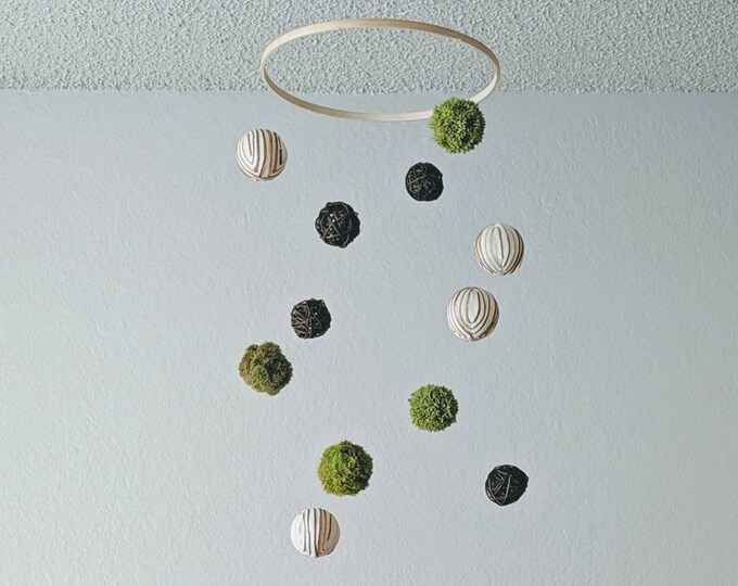 Woodland Baby Mobile with Twig  and Moss Balls - Perfect for a Woodland Themed Nursery - Gender Neutral