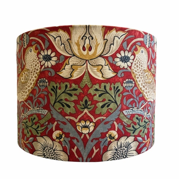 20,25,30,40 diameter drum shade William Morris red Strawberry thief fabric 100% cotton. Suitable for lamp or ceiling fixing