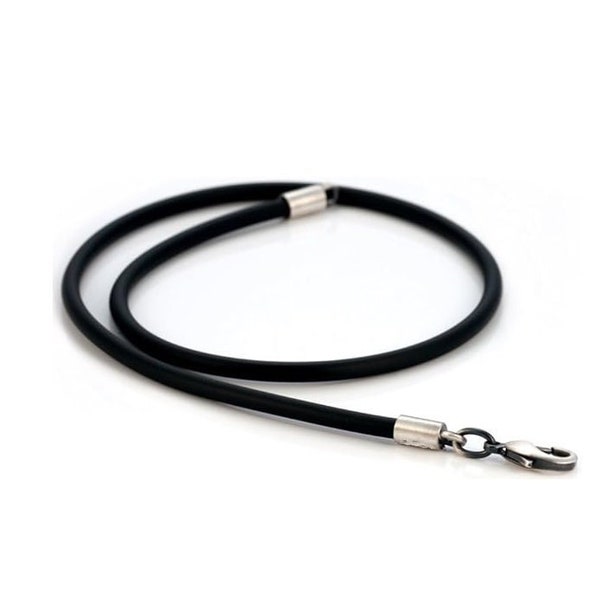 Black Rubber Plain Smooth  Silicon Cord with Sterling Silver Clasp Chain Neck