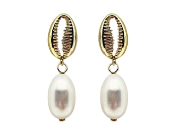 Roatan Synthetic Pearl and Cowrie Sea Shell Charm Sterling Silver Dangle Earrings