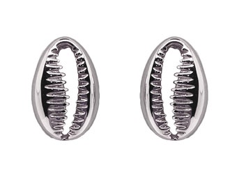 Honduras Cowrie Sea Shell Charm Sterling Silver Stud Earrings