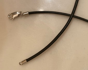 Black Leather Cord Chain Necklace Thin Plain Sleek Smooth Style with Sterling Silver Clasp 1.5mm