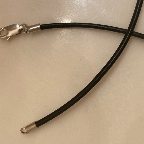 Black Leather Cord Chain Necklace Thin Plain Sleek Smooth Style with Sterling Silver Clasp 1.5mm
