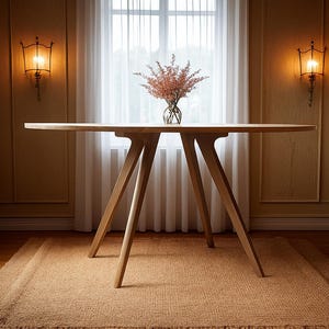 May include: A light wood dining table with a round top and angled legs. A vase of dried flowers sits on the table. The table is on a woven rug. The room has a window with sheer curtains and wall sconces.