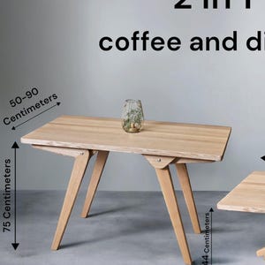 2-in-1 transformeerbare eet- en salontafel, massief hout, handgemaakt meubel