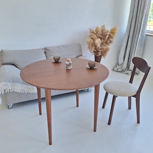 Scandinavian Style Round Dining Table – Solid Ash Wood Table with Straight Cylindrical Legs – Handmade Minimalist Table