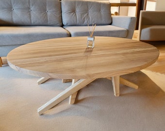 Mesa de centro oval transformável em carvalho | Mesa de jantar com altura ajustável | Mesa extensível com tampo elevatório | Madeira maciça 2 em 1