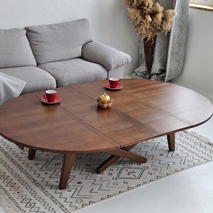 Round Oak Transformer Table | Adjustable Height Coffee to Dining Table | Solid Wood Expandable Table | Handmade Modern Furniture