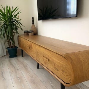 Premium Solid Wood Media Cabinet with Intricate 3D Engraved Panels | Contemporary TV Console | Soft Beveled Edges | Elegant Wooden Buffet