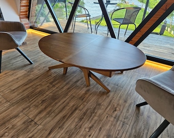 Mesa ovalada convertible en mesa de centro o comedor, mesa elevable extensible, mesa transformable 4 en 1 con altura ajustable, madera maciza, acabado en nogal.