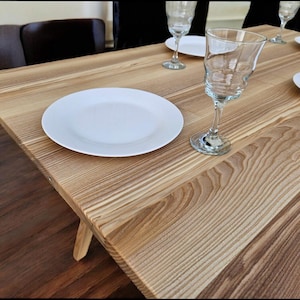 May include: A wooden table with a light brown finish. There are two white plates and three wine glasses on the table.
