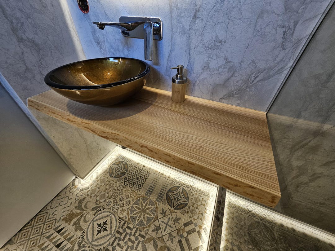 Floating Wooden Bathroom Shelf – Solid Wood Wall-mounted Vanity Shelf ...