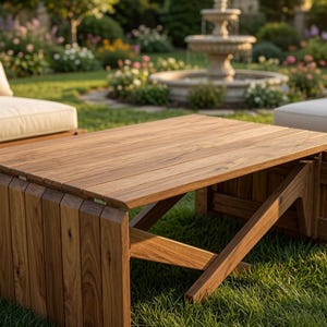 May include: A rectangular wooden coffee table featuring a slatted tabletop and vertical side panels. The table is constructed from natural brown wood with visible grain patterns and includes a sturdy cross-brace support structure underneath.