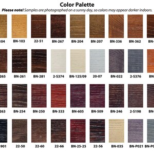 May include: Color palette chart with 40 wood stain samples. The samples are labeled with their corresponding color codes, such as "20-01", "BN-104", and "2-5454".