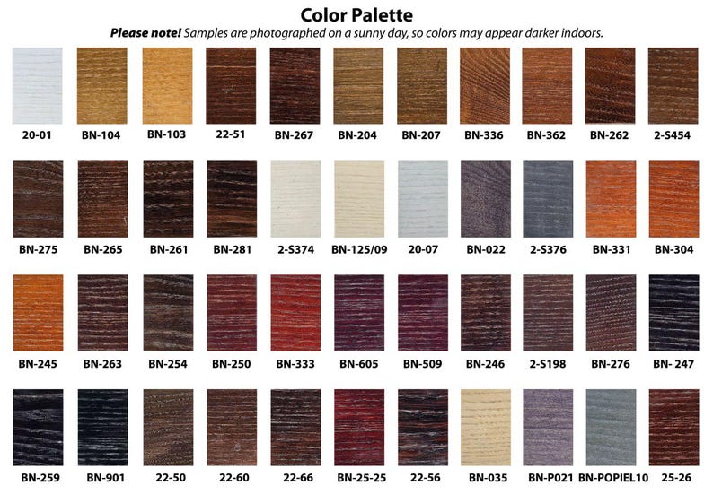 May include: Color palette chart with 40 wood stain samples. The samples are labeled with their corresponding color codes, such as "20-01", "BN-104", and "2-5454".
