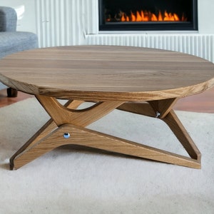 Round Solid Oak Transformer Table 2-in-1 – Coffee & Dining Table – Adjustable Height – Wooden Home Table – Diameter 27.5”-59 - handmade
