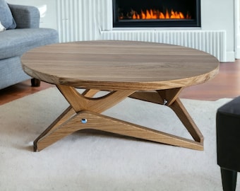 Round Solid Oak Dining Table, Convertible Coffee Table, Adjustable Height Lift Top, Expandable Wooden Table, Handmade Transformer Table