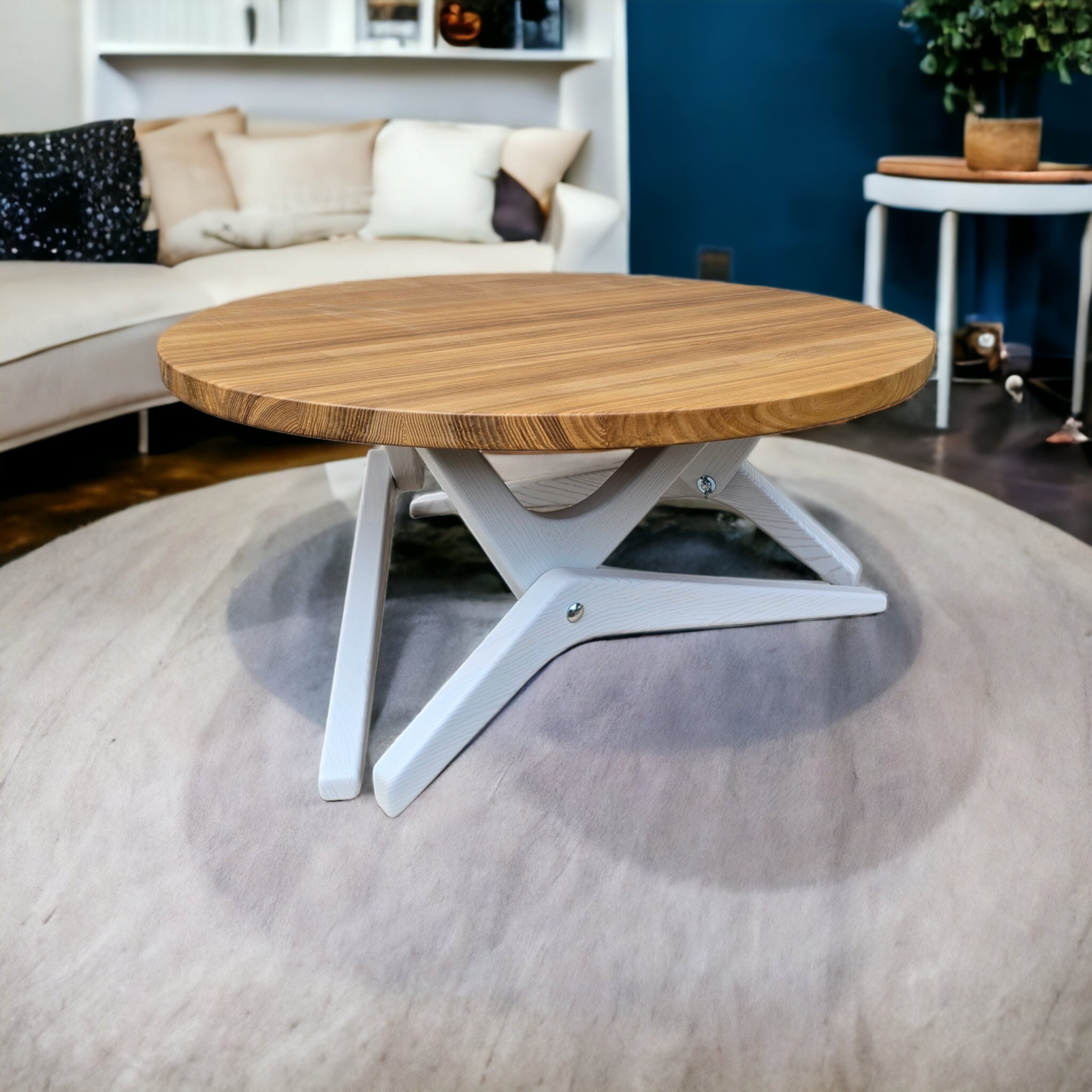 Round Ash Dining Table, Convertible Coffee Table, Adjustable