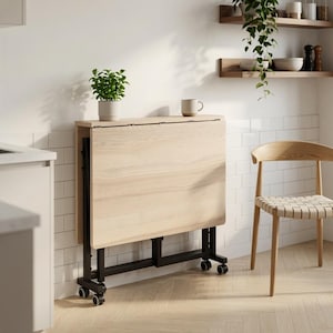 Peut inclure: Une table à abattants en bois clair avec un cadre en métal noir et quatre roulettes. La table est pliée en position verticale, présentant une surface rectangulaire lisse avec un grain de bois visible et une base robuste.
