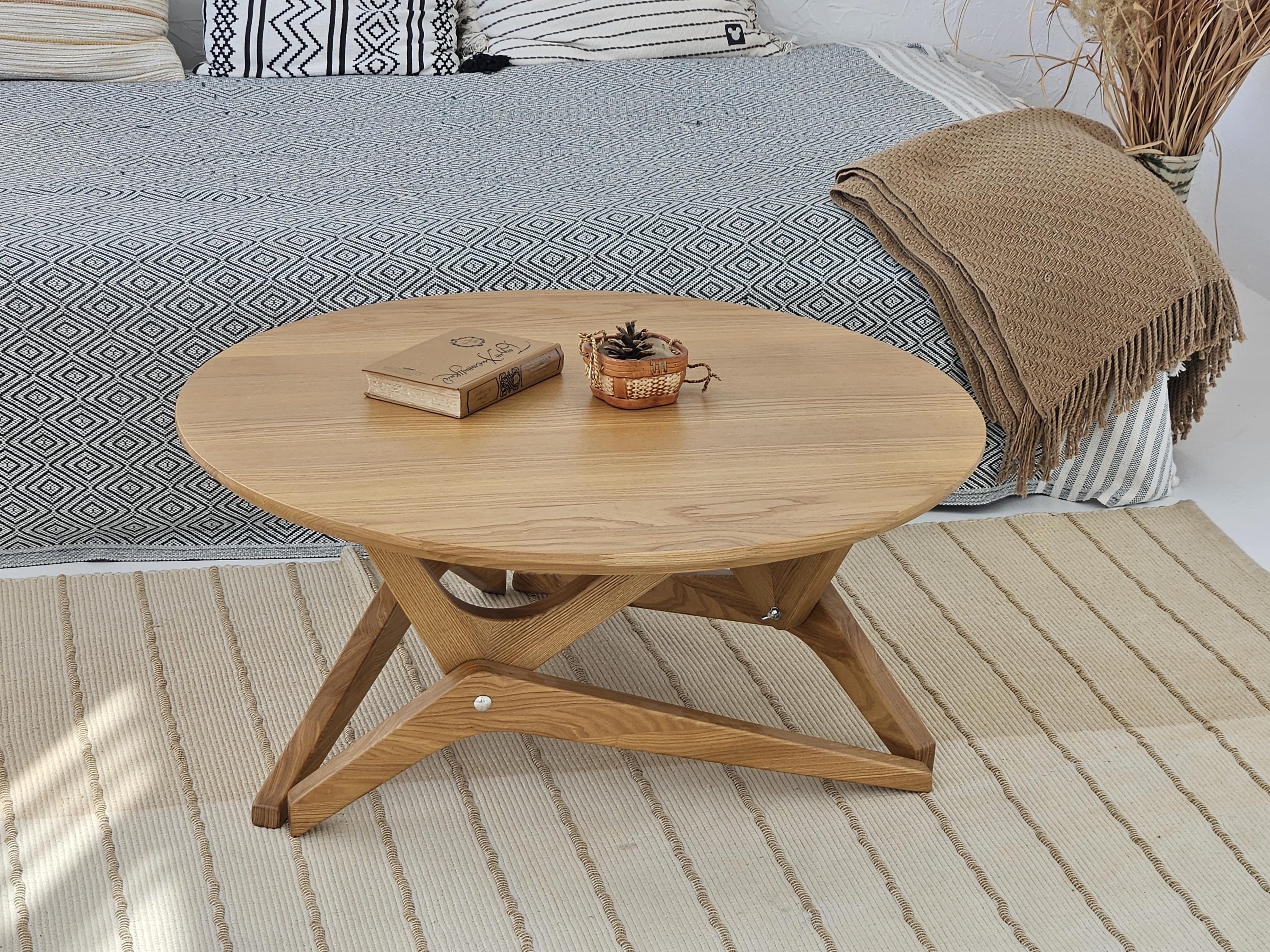 Round Oak Transformer Table | Adjustable Height Solid Wood Coffee