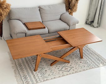 Verwandelbarer Couchtisch zum Esstisch – Ausziehbarer Massivholztisch mit Hubplatte, höhenverstellbarer Multifunktionstisch für kleine Wohnungen