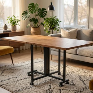May include: A rectangular wooden dining table with a natural brown grain finish, featuring a black metal frame base supported by four small caster wheels, allowing for mobility and a functional design for various living spaces.