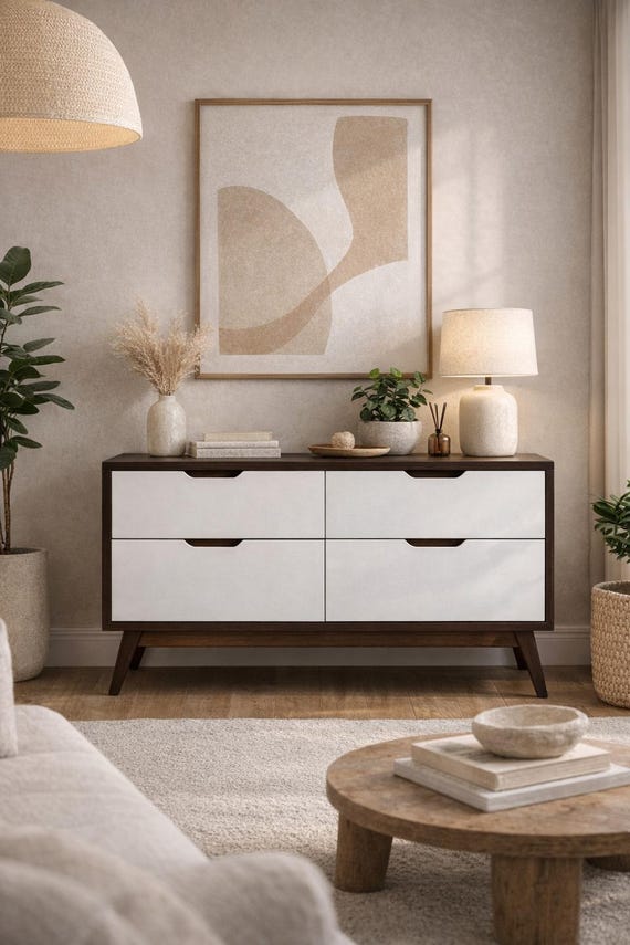 white and brown mid century dresser Modern | Solid Wood Chest of Drawers | Scandinavian Bedroom Storage Cabinet Accented with sleek brass