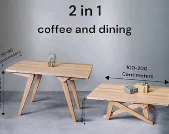 2-in-1 Transforming Dining & Coffee Table, Solid Wood, Handmade Furniture