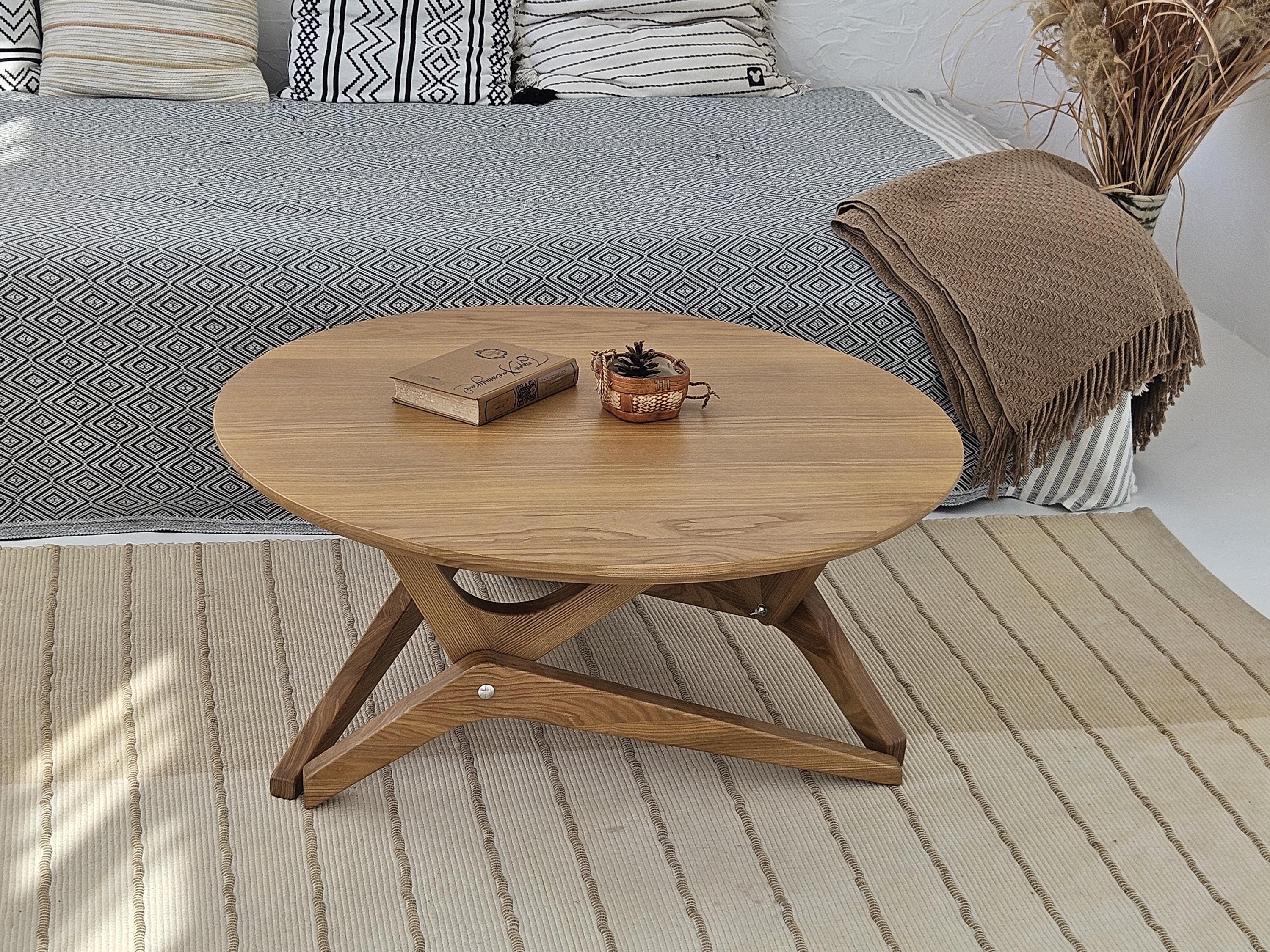 Round Oak Transformer Table | Adjustable Height Solid Wood Coffee