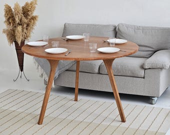 Vintage Style 3 Legs Round Dining Table – Handmade Solid Wood – Antique-Inspired Scandinavian Table for Elegant Homes