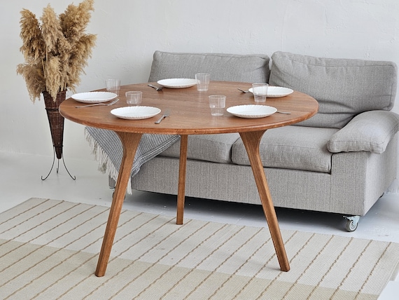 Vintage Style 3 Legs Round Dining Table – Handmade Solid Wood – Antique-Inspired Scandinavian Table for Elegant Homes