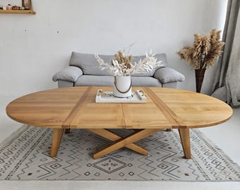 Round Transformable Dining Table | Adjustable Height Coffee Table | Expandable Solid Wood Table for Kitchen & Living Room | Handmade table