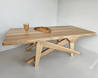 Mesa transformadora 2 en 1 comedor/cafe | madera maciza natural | mesa de centro | obra | mesa de comedor | mesa hecha a mano con ajuste de altura