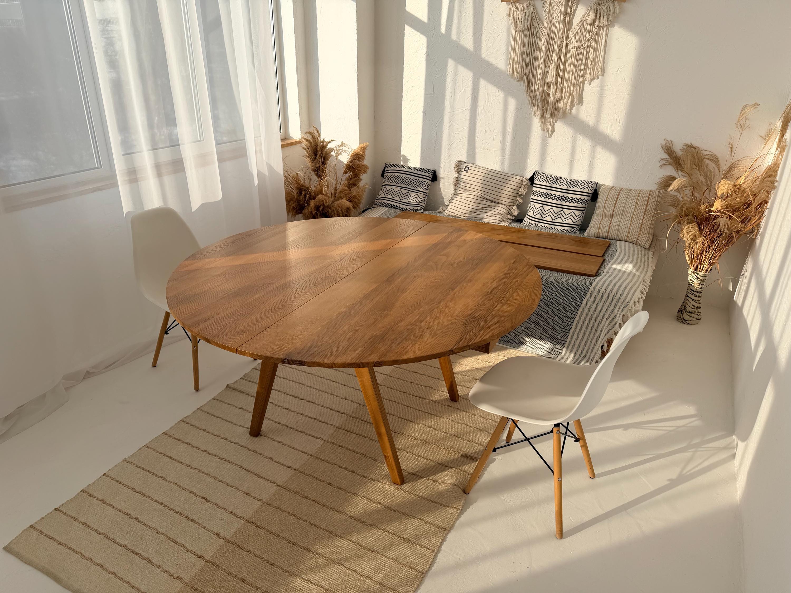 Round Oak Adjustable Height Dining Table Handmade Solid Wood Extendable ...