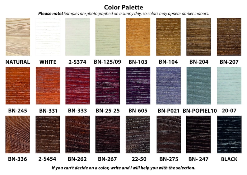 May include: Colour palette chart with 18 wood stain samples. The samples are labelled with names such as "Natural", "White", "BN-245", "BN-331", "BN-333", "BN-25-25", "BN-605", "BN-P021", "BN-POPIEL10", "20-07", "BN-336", "2-5454", "BN-262", "BN-267", "22-50", "BN-275", "BN-247", and "Black".