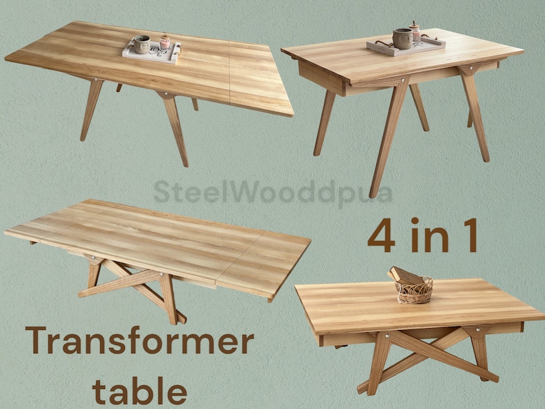 May include: A wooden table with a unique design that can be transformed into four different configurations. The table is shown in four different positions, demonstrating its versatility. The text "4 in 1 Transformer table" is visible in the image.