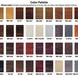 May include: Color palette chart with 48 wood stain samples. Each sample is labeled with a code, such as 20-01, BN-104, and 2-5454.